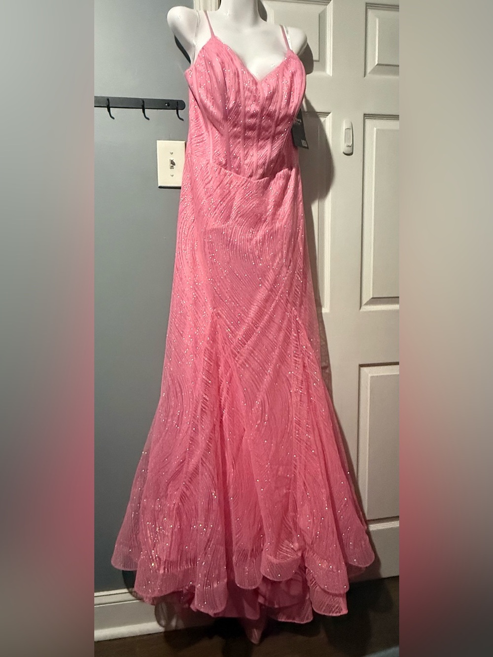 Camille La Vie Glow In The Dark Pink Glitter Corset Lace Up Trumpet Gown 16W NWT